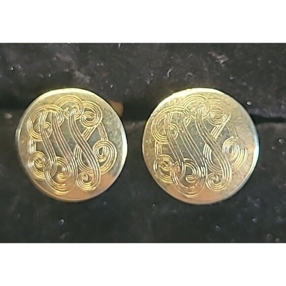 Swirl Etched Circle Gold Tone Earrings Screw Back - Picture 2 of 4